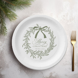 Sage Green Christmas Wreath Holiday Paper Plates