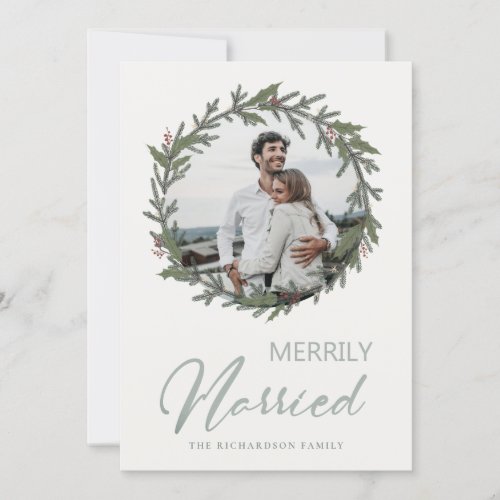 Sage Green Christmas Wreath Photo Merrily Married Holiday Card
