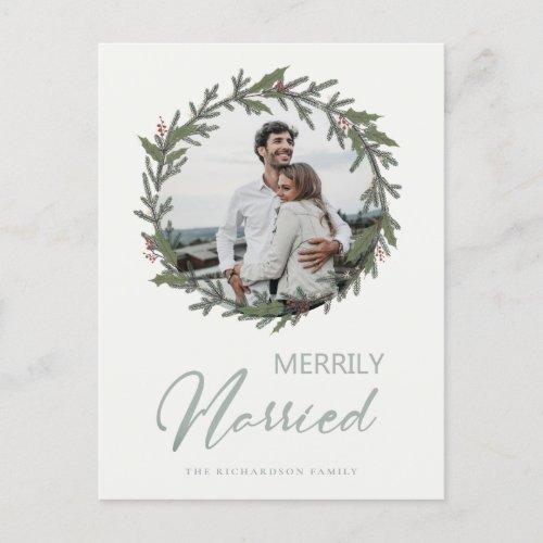Sage Green Christmas Wreath Photo Merrily Married Holiday Postcard