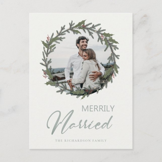Sage Green Christmas Wreath Photo Merrily Married Holiday Postcard (Front)