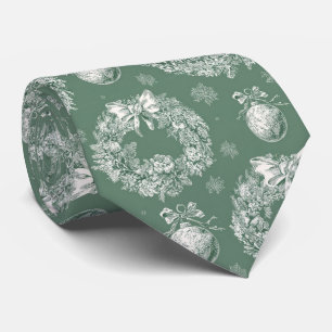 Sage Green Christmas Wreath Toile Ivory Snowflakes Neck Tie