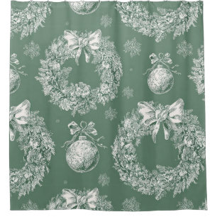Sage Green Christmas Wreath Toile Ivory Snowflakes Shower Curtain