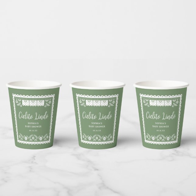Sage Green Cielito Lindo Talavera Baby Shower Paper Cups (Multi)