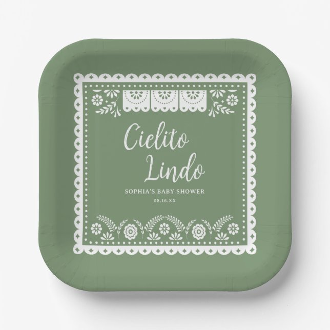 Sage Green Cielito Lindo Talavera Baby Shower Paper Plates (Front)