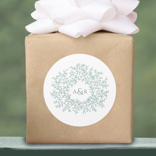 Sage green circle of leaves monogram wedding classic round sticker