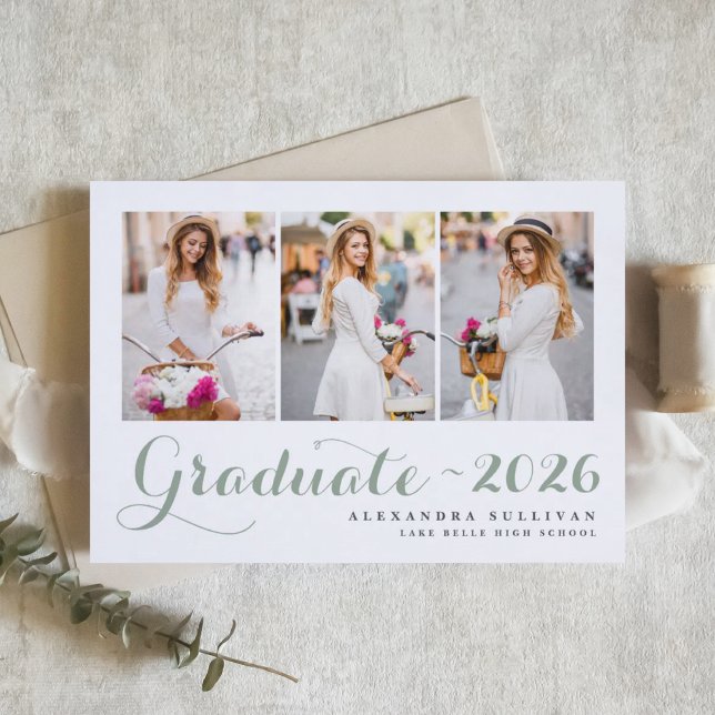 Sage Green Class of 2026 Photo Collage Graduation Invitation (Customizable sage green photo graduation announcement featuring modern calligraphy. )