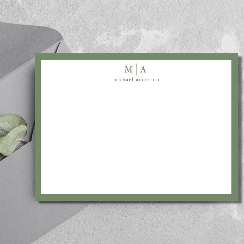 Sage Green Classic Border Monogram Correspondence  Note Card