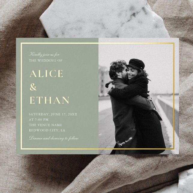 Sage Green Classic Calligraphy Photo Wedding Foil Invitation (Creator Uploaded)