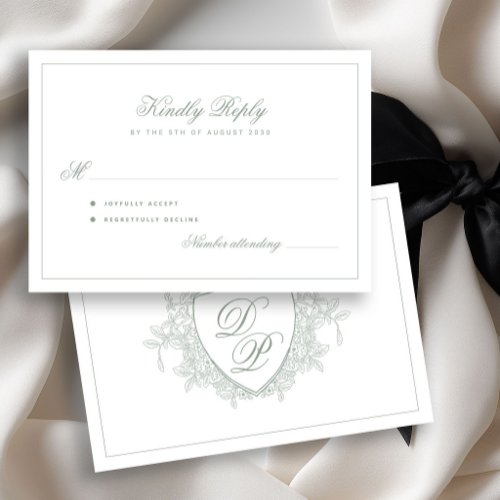 Sage green classic crest monogram wedding RSVP card