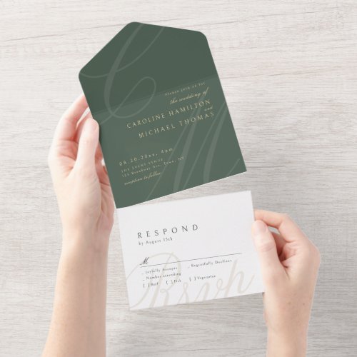 Sage Green Classic Elegance calligraphy monogram All In One Invitation