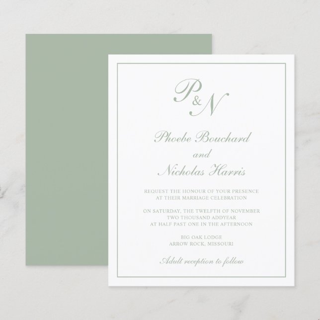 Sage Green Classic Elegant Budget Wedding Invite (Front/Back)