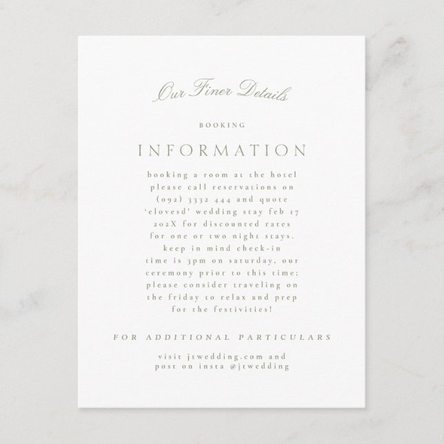 Sage Green Classic Elegant Formal Wedding Enclosure Card (Front)
