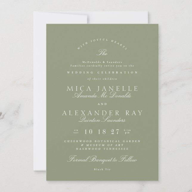 Sage Green | Classic Elegant Formal Wedding Invitation (Front)