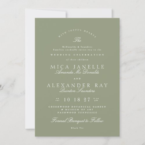 Sage Green  Classic Elegant Formal Wedding Invitation