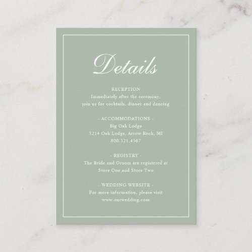 Sage Green Classic Elegant Wedding Enclosure Card