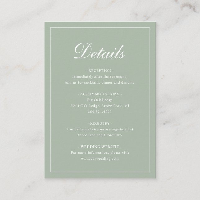 Sage Green Classic Elegant Wedding Enclosure Card (Front)