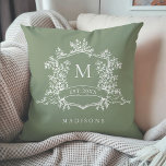 Sage Green Classic Floral Crest Monogram Throw Pillow<br><div class="desc">Elegant floral crest throw pillow with a last name and established date. For more advanced customization of this design,  please click the BLUE DESIGN TOOL BUTTON above!</div>
