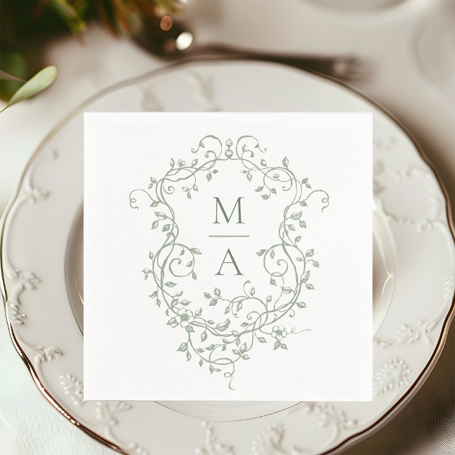 Sage Green Classic Floral Crest Monogram Wedding Napkins (Creator Uploaded)