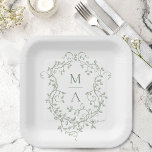 Sage Green Classic Floral Crest Monogram Wedding Paper Plates<br><div class="desc">Elegant French victorian sage green floral wedding paper plate. For more advanced customization of this design,  please click the DESIGN TOOL BUTTON above!</div>