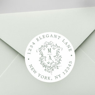 Sage Green Classic Floral Crest Return Address Round Sticker