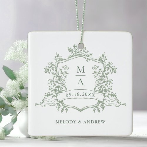 Sage Green Classic Floral Crest Wedding Photo Ceramic Ornament