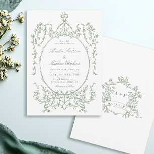 Sage Green Classic Floral Frame Wedding Invitation