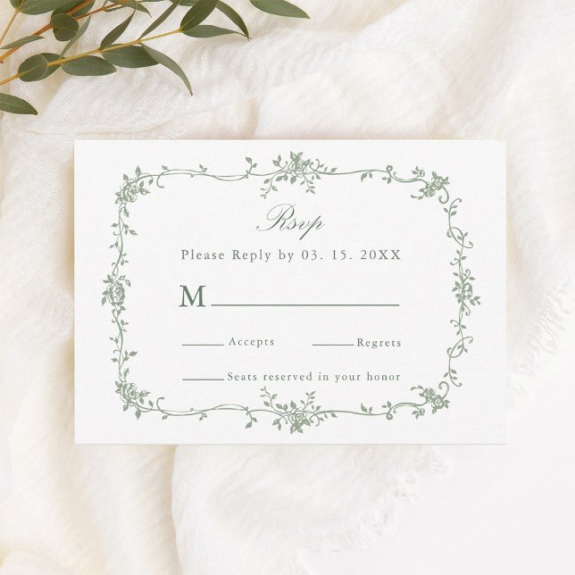 Sage Green Classic Floral Frame Wedding RSVP Card (Creator Uploaded)