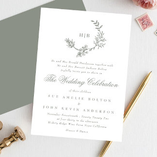 Sage Green Classic Floral Wreath Monogram Wedding Invitation
