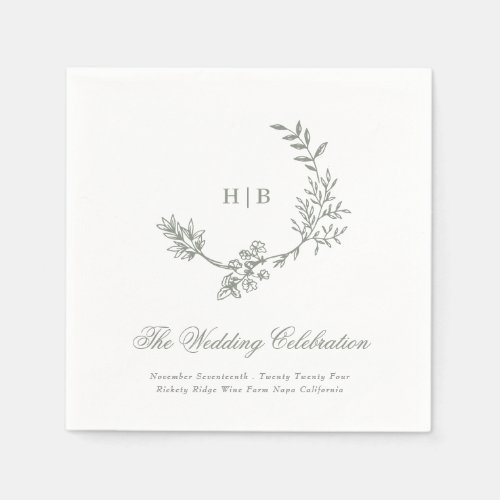 Sage Green Classic Floral Wreath Monogram Wedding Napkins