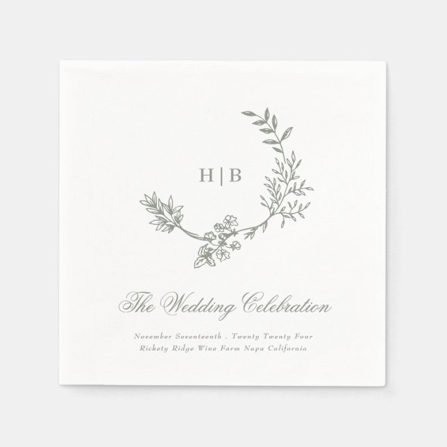 Sage Green Classic Floral Wreath Monogram Wedding Napkins (Front)