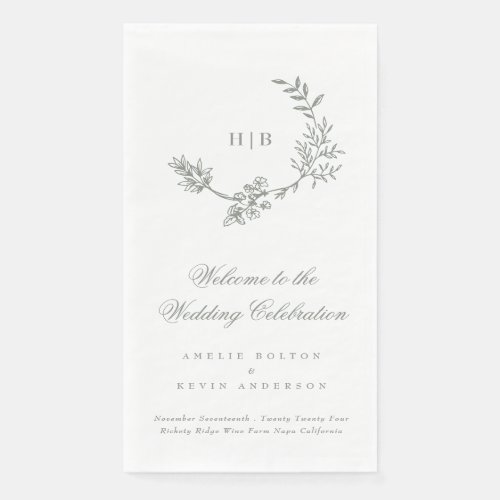 Sage Green Classic Floral Wreath Monogram Wedding Paper Guest Towels