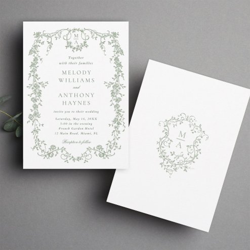 Wedding Invitations - Pink Dramatic personalized gifts for you Sage green classic French floral wedding invitation