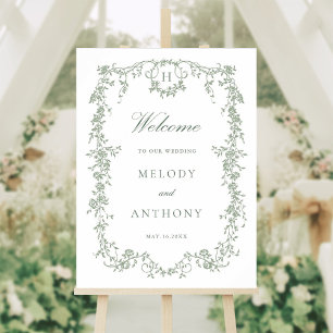 Sage Green Classic French Floral Wedding Welcome Foam Board