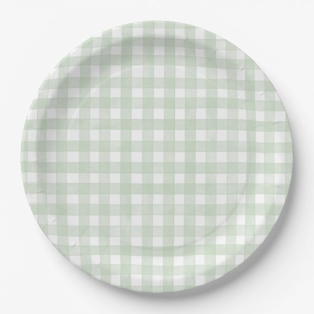 Sage Green Classic Gingham Paper Plates (Front)