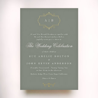 sage green classic gold crest monogram wedding foil invitation