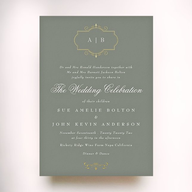 sage green classic gold crest monogram wedding foil invitation (Creator Uploaded)