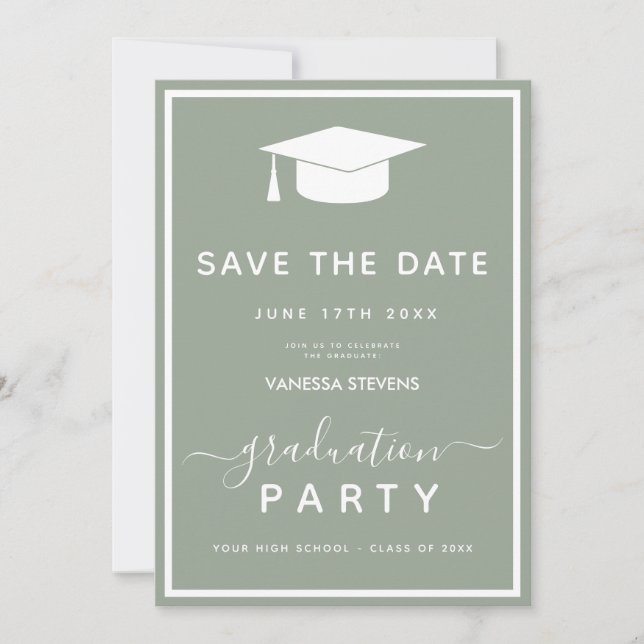 Sage Green Classic Graduation Save the Date Invitation (Front)