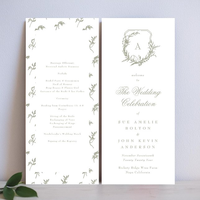 sage green classic monogram crest wedding program (Creator Uploaded)