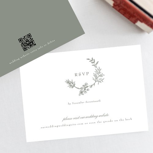 Sage Green classic monogram QR CODE wedding wreath RSVP Card