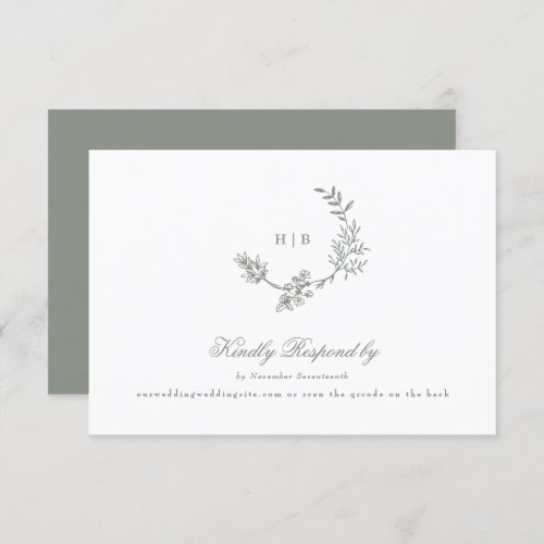 Sage Green classic monogram QR CODE wedding wreath RSVP Card