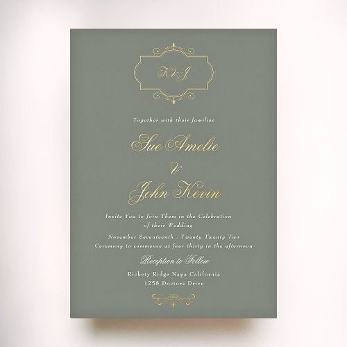 sage green classic monogram wedding foil invitation