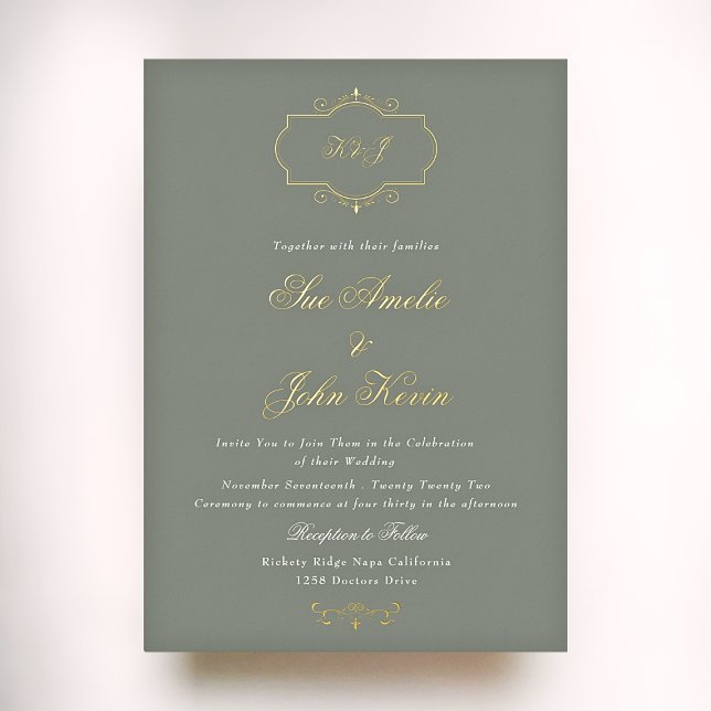 sage green classic monogram wedding foil invitation (Creator Uploaded)