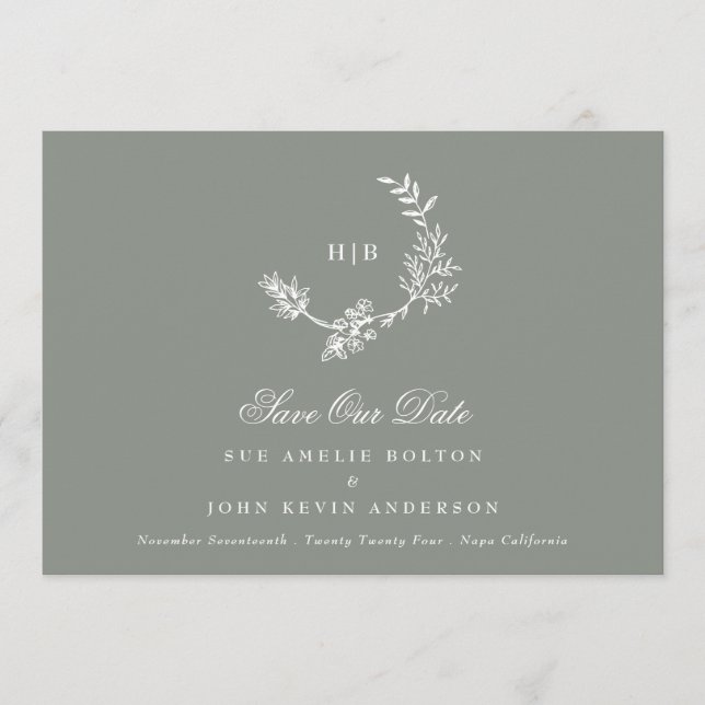Sage Green Classic QR CODE Wreath Photo Wedding Save The Date (Front)