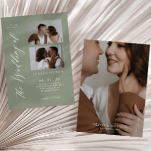 Sage Green Classy Script Photo Collage Wedding Invitation