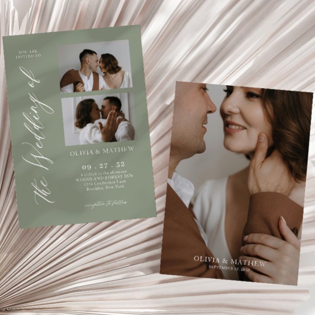 Sage Green Classy Script Photo Collage Wedding Invitation (Creator Uploaded)