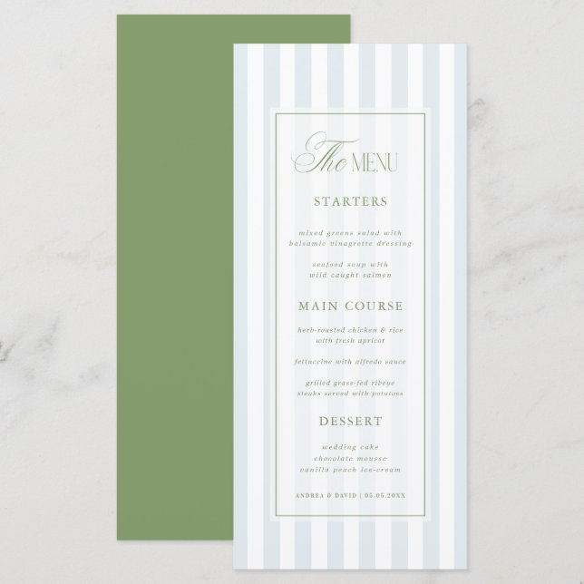 Sage Green & Coastal Blue Elegant Stripes Wedding Menu (Front/Back)