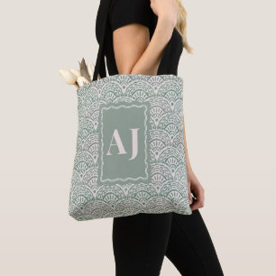 Sage Green Coastal Scalloped Personalized Tote Bag