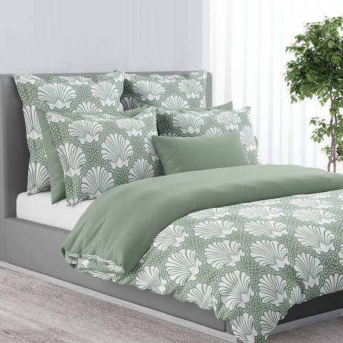 Sage Green Coastal Seashell Dotted Pearls Beachy Duvet Cover