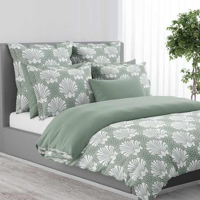 Sage Green Coastal Seashell Dotted Pearls Beachy Duvet Cover (Creator Uploaded)
