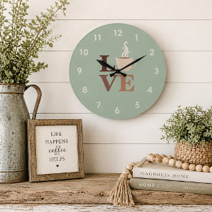 Sage Green Coffee Love Modern Farmhouse Large Clock